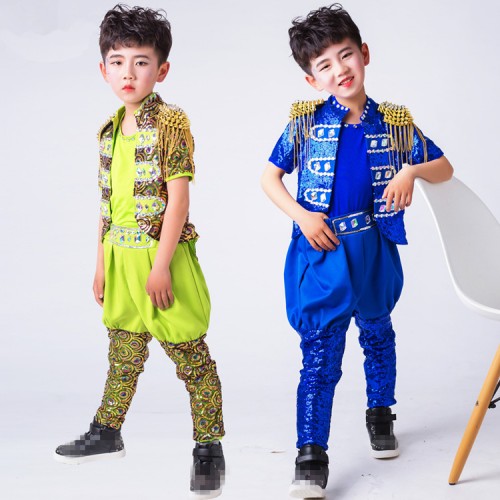 Boys jazz drummer performance costumes paillette modern dance singers hiphop model show cosplay tops and pants